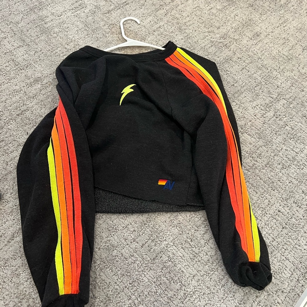 AVIATOR NATION 4 STRIPE CROPPED BLACK SWEATSHIRT LARGE NWOT